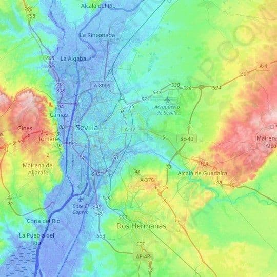 Mapa wysokościowa Sewilli